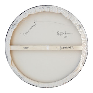 "Space Cowboy I" Bright Teal, Neon Pink, and Dark Blue Op Art Circular Painting