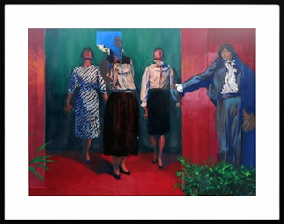Modern Americana Red, Blue, and Green Still Life Painting of Store Mannequins 1983