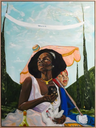 "En Plein Air" Figurative Portrait of Two Elegantly Dressed Women in a Garden 2022