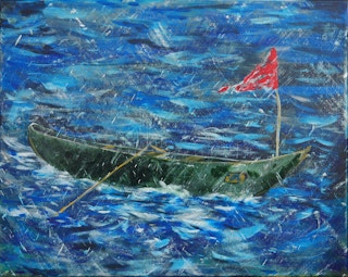 "Chubasco" Green, Red, and Blue Contemporary Stormy Seascape Painting 2022