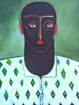 "Portrait Study" Contemporary Whimsical Abstract of a Male Figure Against Green 2023