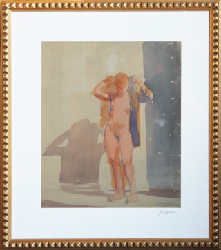 Abstract Figurative Nude Gouache Painting of Red Haired Female 20th Century