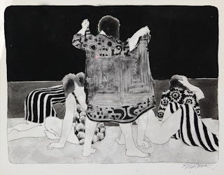 Black and White Abstract Figurative Mixed Media Drawing of Women 20th Century