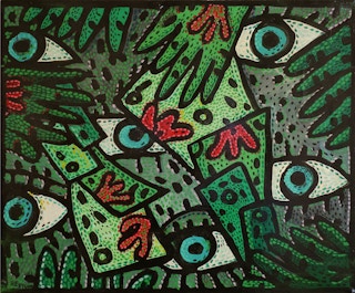 "Free Money?" Small Fun Green and Red Eyes Abstract Contemporary Painting 2011–2012