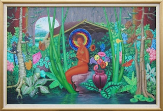 Colorful Tropical Jungle Landscape with Central Nude Female Figure Late 20th Century