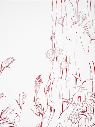 "Decay 2" Contemporary Red & White Abstract Foliage Landscape Painting 2023