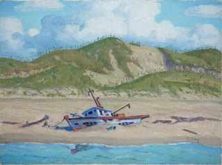 Blue, Green, and Tan Shore With Boat Wreck and Mountains Landscape Mid-20th Century