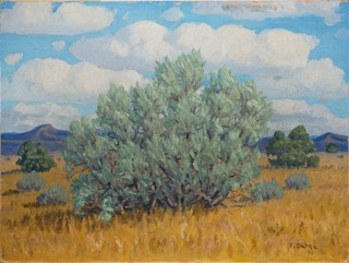 Green, Yellow, and Blue Abstract Impressionist Western Desert Landscape Mid-20th Century