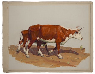 "Cow and Calf" Brown and White Abstract Impressionist Painting of Cows Mid-20th Century