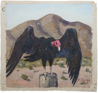 Black, Tan, Red, and Sky Blue Abstract Impressionist Painting of a Vulture Mid-20th Century