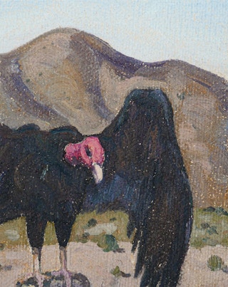 Black, Tan, Red, and Sky Blue Abstract Impressionist Painting of a Vulture Mid-20th Century