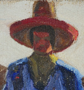 Blue, Red, and Brown Abstract Impressionist Painting of a Cowboy on a Horse Mid-20th Century