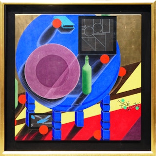“Still Life in the Artists Studio” Modern Cubist Primary Toned Abstract Painting 1992