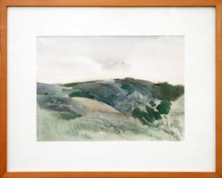 Modern Abstract Muted Pastel Green Toned Watercolor Mountain Landscape Late 20th Century