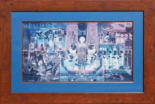 "Nubia" Blue-Toned Abstract Figurative Historical African Landscape 1999