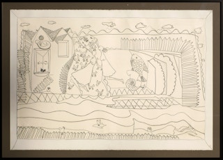 Modern Surreal Abstract Pastoral Farm Landscape Drawing of Two Women and Animals 1990