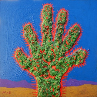 "Cactus Hand" Small Green, Orange, Purple, Blue, and Brown Mixed Media Painting 1988