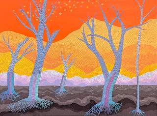 "I Love Trees #4" Warm-Toned Abstract Trees in Desert Mosaic-Style Painting 2021