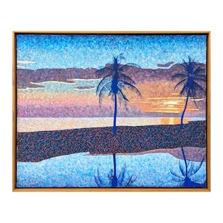 "Sunset with Palm Trees" Modern Blue Toned Pointillist Tropical Landscape 1980