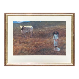 “Paysage” Naturalistic Pastoral Landscape Painting of a Young Girl and Cow Mid 20th Century