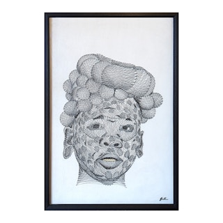 "Opulence II" Contemporary Black and White Pin and Thread Mixed Media Portrait 2023