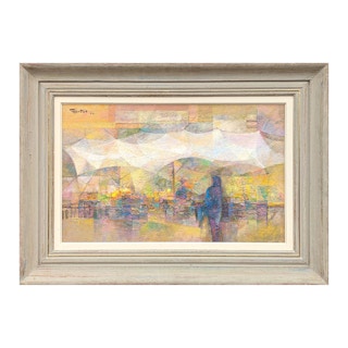 "Market Tents" Modern Abstract Pastel Toned Cubist Style Street Scene 1971