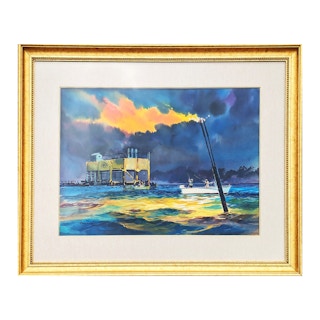 "Trinity Flares" Modern Blue Toned Fishing Landscape Watercolor Painting 1965