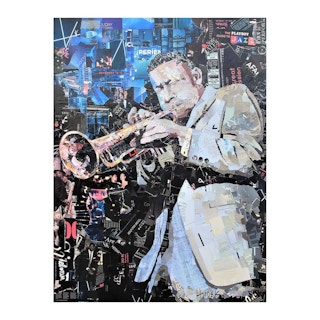 “Lee Morgan Jazz” Blue, Black, and Gray Pop Art Mixed Media Collage Portrait 21st Century