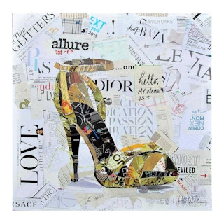 “Love at First Buy” Contemporary Yellow Heeled Shoe Mixed Media Pop Art Collage 21st Century