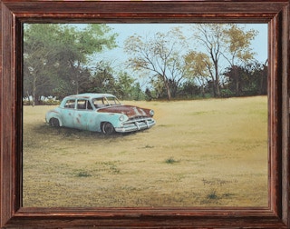 Green, Blue, & Brown Toned Realistic Landscape of a Rusted Car in an Open Field 1981
