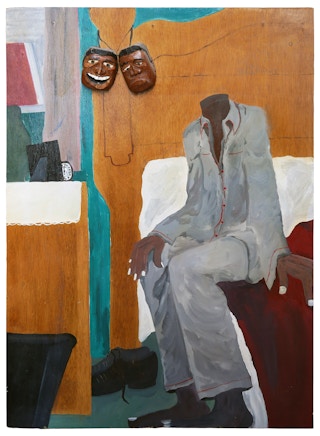 Yellow and Teal Abstract Figurative Sculptural Portrait Painting on Wood Panel 20th Century