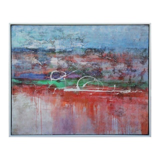 Large Modern Abstract Mixed Media Blue, Red, and Green Toned Landscape Painting 21st Century