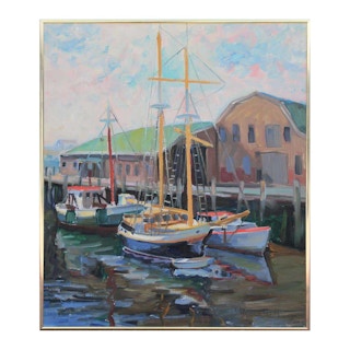 Colorful Abstract Boat Marina Seascape Painting Signed C. Moorefield 1948