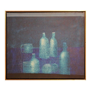 Modern Abstract Expressionist Blue Still Life with Bottles Painting 1966