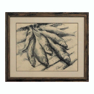 Modern Black and White Realistic Graphite Still Life Drawing of Fish 20th Century