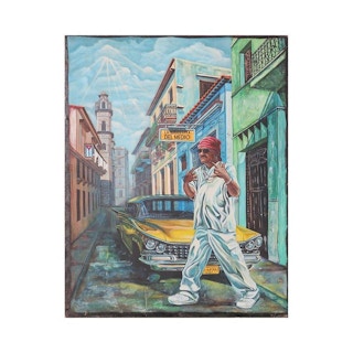 Colorful Modern Contemporary Cuban Street Scene Painting 20th Century