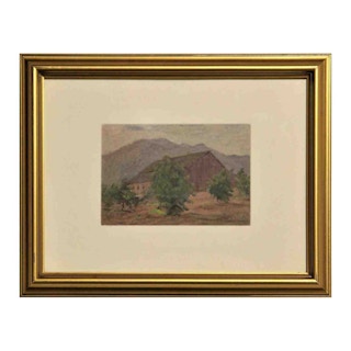 Rustic Impressionist "Red Barn" Rural Mountainous Pastoral Landscape Painting 1930