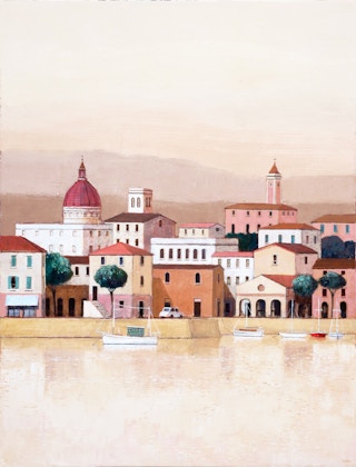 "Harbor Scene with Village" Brown and Pink Toned Venice Cityscape Painting c. 1970
