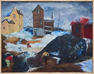 "Coal Yard" Red, Blue, and Brown Abstract Figurative Painting of a Mining Scene c. 1950