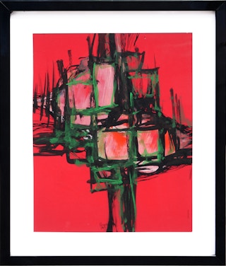 "Untitled (Pink, Black & Green)" Vibrant Pink-Toned Geometric Abstract Painting 2007