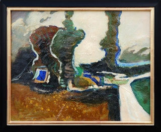 "Evening" Earth-Toned Abstract Painting with Blue, Yellow, and Green Accents 1965