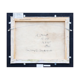 "Evening" Earth-Toned Abstract Painting with Blue, Yellow, and Green Accents 1965