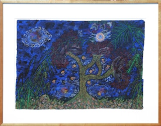 "Tree of Life, Tree of Death" Blue-Toned Abstract Painting of a Tree and Figures 1980s