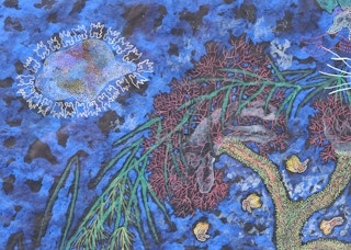 "Tree of Life, Tree of Death" Blue-Toned Abstract Painting of a Tree and Figures 1980s