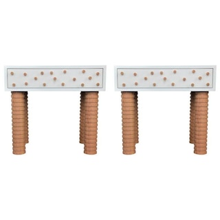 Pair of Custom Post Modern Brutalist Light Grey and Natural Oak Peg Nightstands