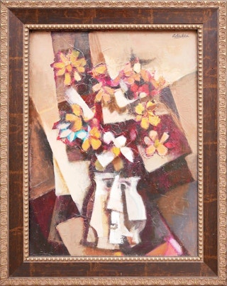 "Cubist Bouquet, Strange Vase" Warm-Toned Abstract Cubist Floral Still Life 2008