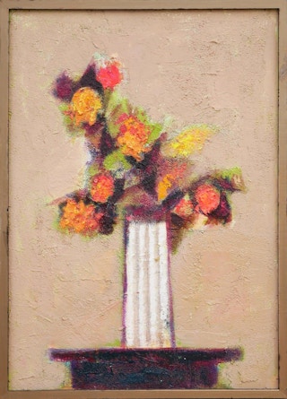 "Orange and Yellow Flowers in White Vase" Peach-Toned Modernist Still Life 20th Century