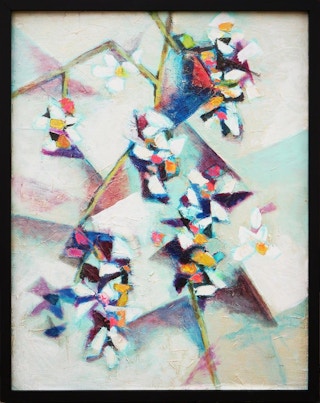 "White Flowers Cubist" Pastel-Toned Abstract Still Life Painting 20th Century