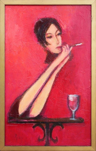 "Lady with Cigarette" Red-Toned Abstract Figurative Painting 2018