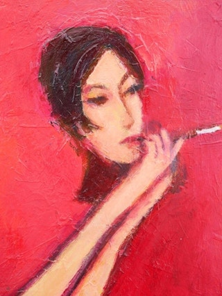 "Lady with Cigarette" Red-Toned Abstract Figurative Painting 2018